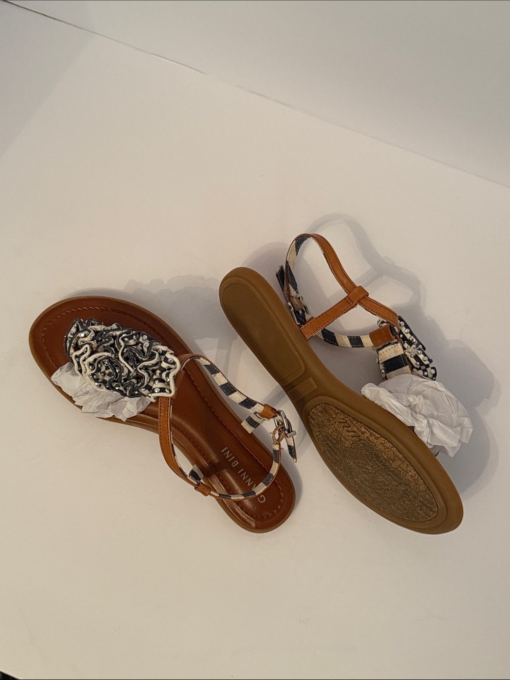 Gianni Bini Tan Brown Sandals with Black & White Ruffle Accents - Picture 3 of 3